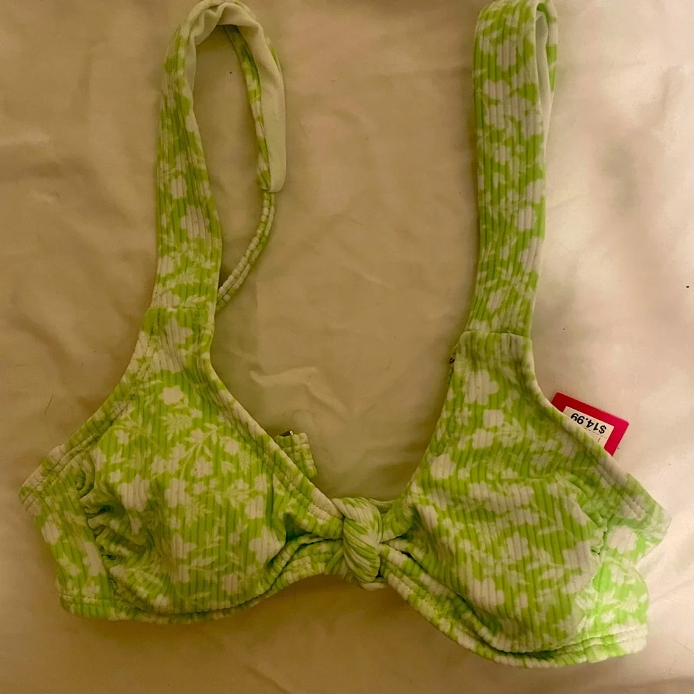 🌻HP🌻Xhilaration XS Ribbed KnotFront Bralette Bikini Top Green Floral Print - Picture 6 of 9